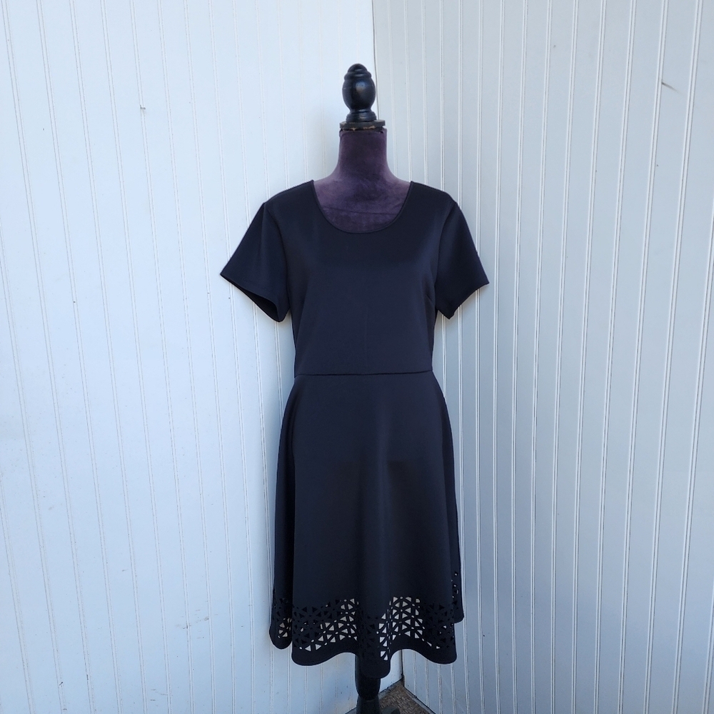 Black A-Line Midi Dress with Short Sleeves and Cut Out Details